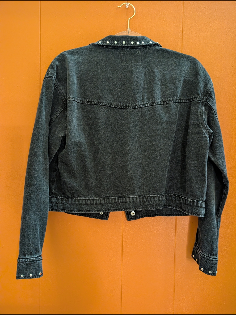 Love Fire Silver Studded Cropped Black Denim 90s Moto Biker Jacket Womens Medium - Picture 4 of 15